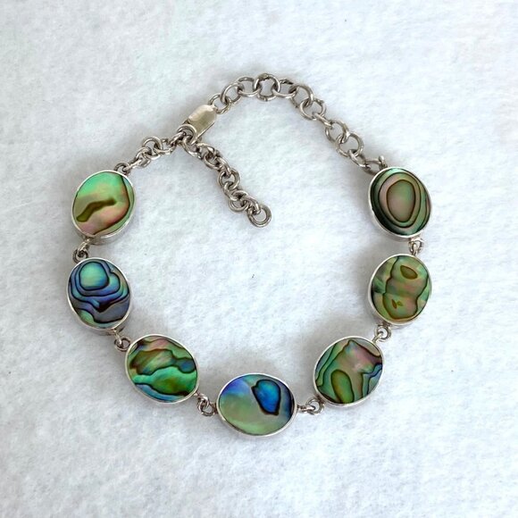 Sterling Silver 925 Oval Bezel Set Abalone Link Cable Chain Bracelet 6.5"- 7.75" - Picture 5 of 16